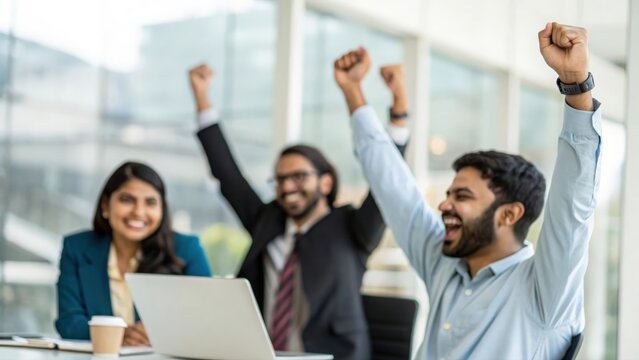 Indian professionals celebrating successful product launch in office
