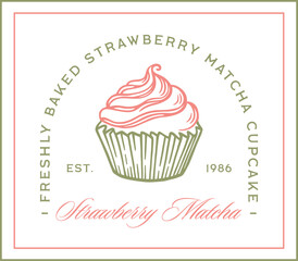 Strawberry matcha cupcake freshly baked Japanese pastry lovers green tea and fruit flavor aesthetic logo sticker label. Fancy organic natural vegan cake pink dessert retro design frame illustration.