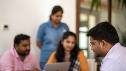 Fototapeta premium Indian team leaders coordinating hybrid meeting with in-person and remote staff 