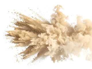 An explosion of beige powder, creating a dynamic and abstract shape against a white background.