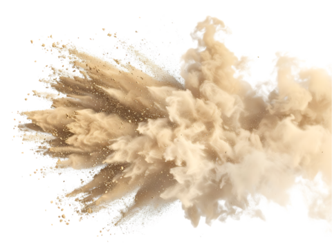 An explosion of beige powder, creating a dynamic and abstract shape against a white background.