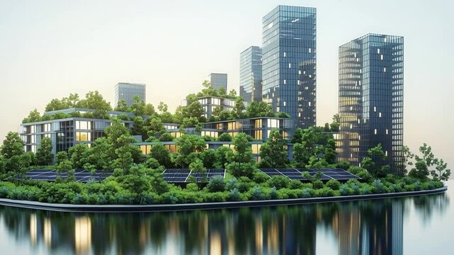 Eco-Cityscape: This photo captures a forward-thinking eco-city, where modern buildings harmonize with nature, showcasing the potential of sustainable urban design and green living.