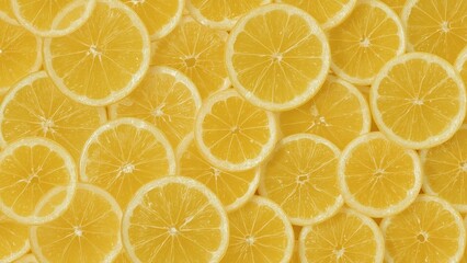 Unique texture of fresh lemon slices arranged in a vibrant pattern perfect for food backgrounds, summer themes, health promotions, bright yellow citrus freshness with natural light and juicy mood