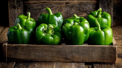 Green bell peppers arranged on a rustic wooden crate, glowing under natural sunlight that enhances their vibrant sheen