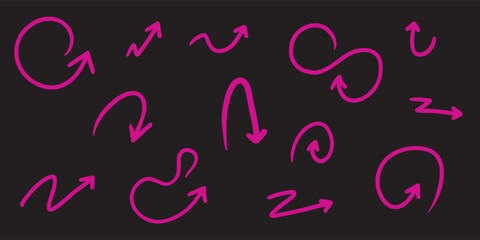 Modern abstract arrows in neon pink, curved sketch direction symbols for creative infographics and UI elements on dark background