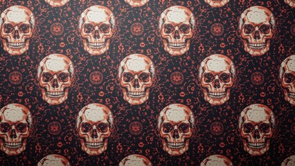 Unique pattern of realistic skulls arranged symmetrically on dark textured background perfect for Halloween decorations, gothic designs, horror themes, and spooky event invitations with moody atmosph