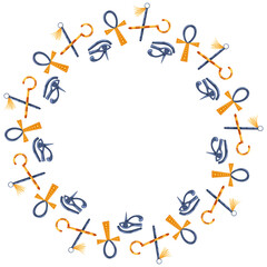 Ankh, Eye of Horus and crossed scepters arranged in a round frame. Vector hand drawn cartoon illustration for historical Egyptian design, mystical packaging, isolated on white with copy space