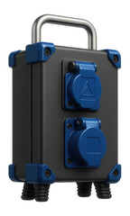 Naklejka premium Portable electrical enclosure with a handle and rubber feet for temporary power setups at events.
