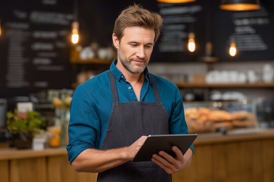 Cafe Worker Manages Orders: A man in an apron uses a tablet in a cafe setting, managing orders and engaging with customers.