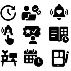 Hybrid Work Icons. Solid style icons of hybrid work life balance: flexible working hours, remote task management, family focus