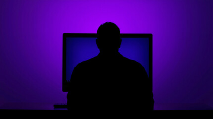 Silhouette of a person watching television with a purple light in a dark room.