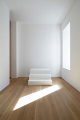 Fototapeta premium Minimalist white room with wooden floor and sunlit steps