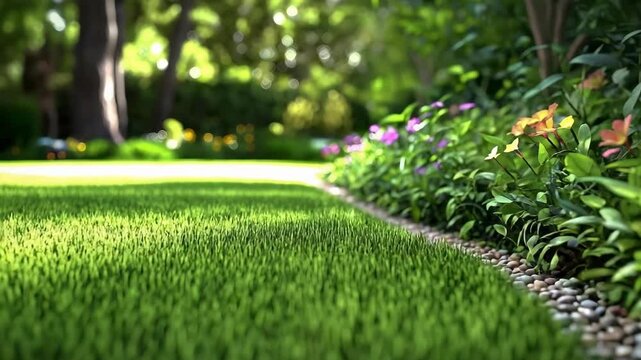 A lush green lawn bordered by colorful flowers and pebbles, set in a sunny garden environment.