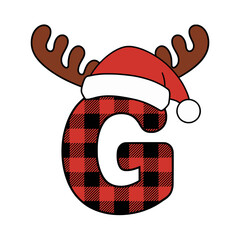 Christmas letter G with plaid, antlers, and Santa hat, Festive uppercase letter G decorated with a red plaid pattern, cartoon antlers, and a Santa hat, perfect for Christmas and holiday-themed design
