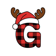 Christmas letter G with plaid, antlers, and Santa hat, Festive uppercase letter G decorated with a red plaid pattern, cartoon antlers, and a Santa hat, perfect for Christmas and holiday-themed design
