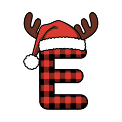 Christmas letter E with plaid, antlers, and Santa hat, Festive uppercase letter E decorated with red plaid pattern, cartoon antlers, and a Santa hat, perfect for holiday crafts and Christmas design 
