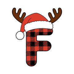 Christmas letter F with plaid, antlers, and Santa hat, Festive uppercase letter F decorated with red plaid pattern, cartoon antlers, and a Santa hat, perfect for Christmas crafts and holiday design 
