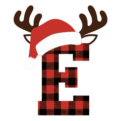 Christmas letter E with plaid, antlers, and Santa hat, Festive uppercase letter E decorated with red plaid pattern, cartoon antlers, and a Santa hat, perfect for holiday crafts and Christmas design 
