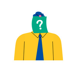 Confused business man thinking with question mark on sticky note. Flat vector illustration isolated on white background