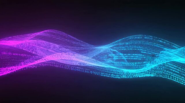 Two glowing, undulating waves composed of binary code or digital particles, one in vibrant pink and purple and the other in electric blue, flow horizontally across a dark background