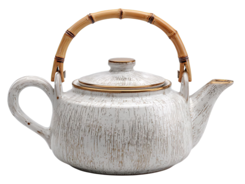Ceramic tea kettle with bamboo handle vintage style on transparent background