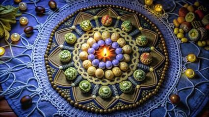 Obraz premium Colorful mandala of Halloween sweets in vintage style on blue fabric 