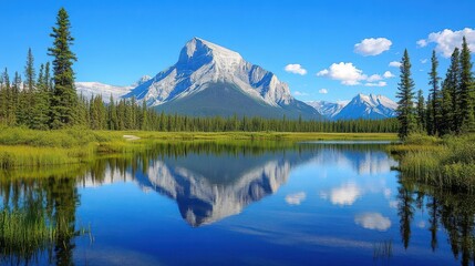 A serene mountain landscape reflecting in a calm lake under a clear blue sky.