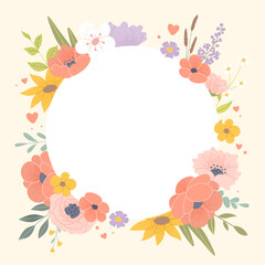 Round floral frame banner or greeting card. Vector banner template with flowers
