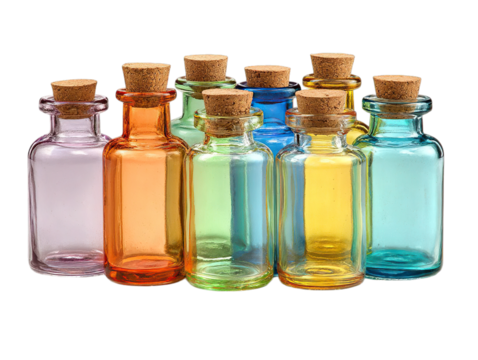 Colorful glass bottles with corks potion bottles vials on transparent background