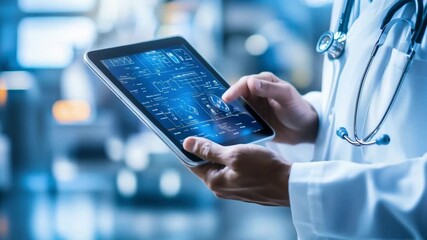 A medical expert using a tablet displaying patient data and analytics while in a healthcare environment - Powered by Adobe