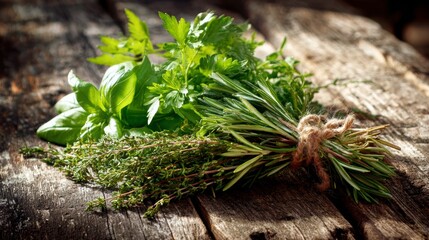 Green herbs like parsley, basil, and rosemary bundled on an aged wooden surface, sunlight casting gentle shadows enhancing their vibrant color