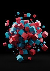 역동적인 빨강 파랑 정육면체 폭발 장면 어둠 속 빛나는 입체감