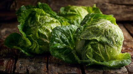 Organic green lettuce heads with dewdrops on rustic wooden planks, captured in golden morning light to emphasize freshness and natural farm vibes