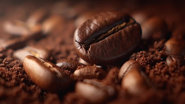 Aromatic coffee beans: A macro shot showcases the rich texture and depth of roasted coffee beans, nestled amidst coffee grounds, evoking warmth and the essence of a perfect brew.