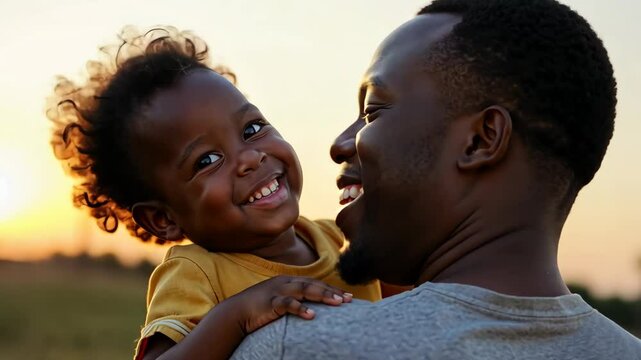 Happy black african father holding embracing cute little child daughter.