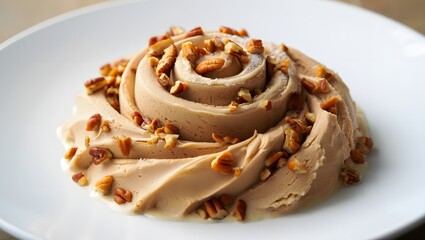 Decadent swirled dessert topped with chopped pecans on a white plate