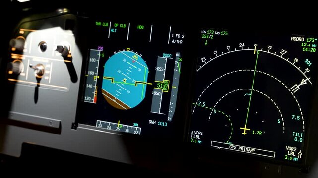 A detailed view of the cockpit instruments and controls of an Airbus A320 aircraft, showcasing the complex navigation and flight control systems
