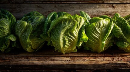 Organic green lettuce heads with dewdrops on rustic wooden planks, captured in golden morning light to emphasize freshness and natural farm vibes