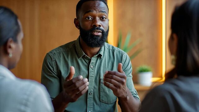 African man counselor speak at group counseling therapy session.