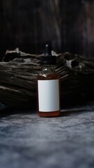Glass bottle containing light brown liquid with white cap is placed on piece of weathered wood provides textured and natural element creating balanced aesthetic to the composition. 