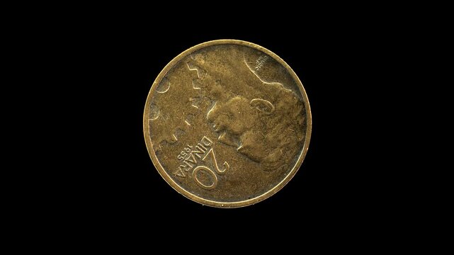 Yugoslavia 1955 20 dinara coin reverse with portrait, denomination and cogwheel rotating on black background