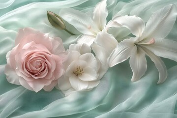 Delicate floral arrangement on sheer fabric.