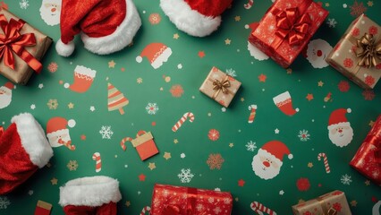 Unique pattern of Christmas Santa hats and gift boxes with festive decorations on green background for holiday celebrations winter season Christmas mood festive atmosphere