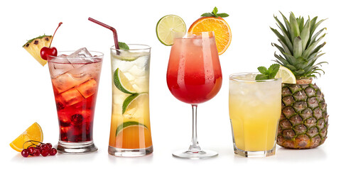 Fototapeta premium Four colorful cocktails with fruit and pineapple are isolated on white background