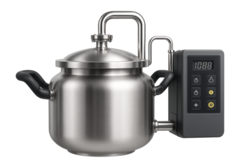 Horizontal boiling kettle with a vacuum system and automated control panel for a juice processing plant.