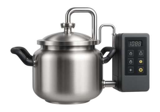 Horizontal boiling kettle with a vacuum system and automated control panel for a juice processing plant.