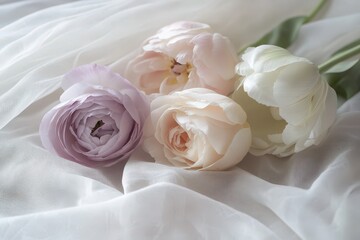 Delicate pastel flowers arranged on sheer fabric.