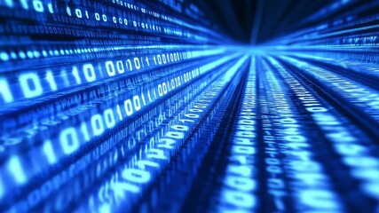Binary code streams rapidly in a neon blue tunnel, illustrating the concept of digital data transfer and technology in a virtual space - Powered by Adobe