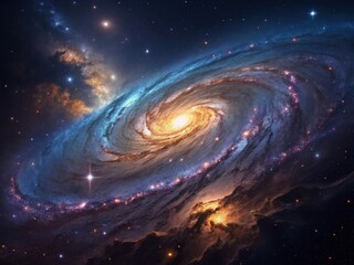 Obraz premium A breathtaking view of a vibrant spiral galaxy with a bright central core and swirling arms filled with stars and nebulae