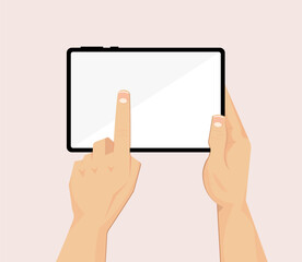 Tablet with hand touch. Flat design showing gesture interaction with screen on digital device. Vector user interface concept.